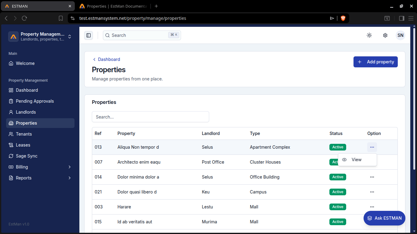 Properties Menu