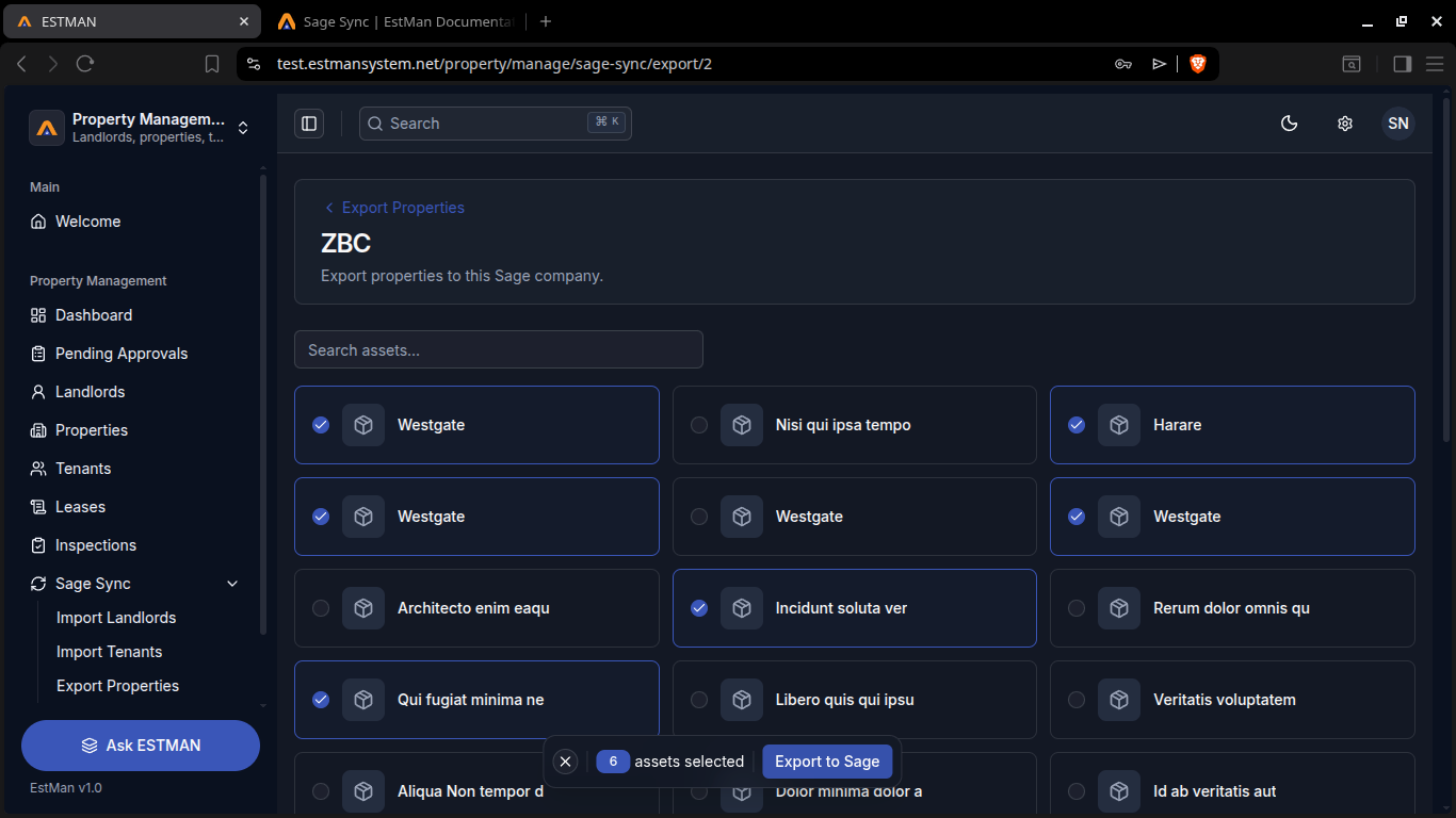 Property Selection page