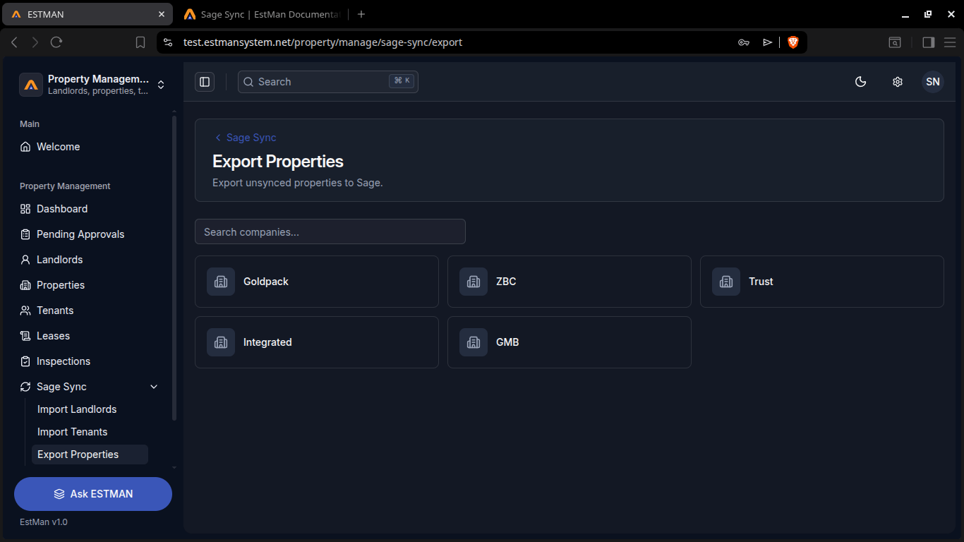 Export Properties screen